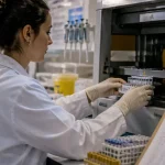 Technicien règle un automate pour BTS analyses de biologie médicale