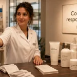Conseillère parapharmacie donnant un conseil responsable en parapharmacie