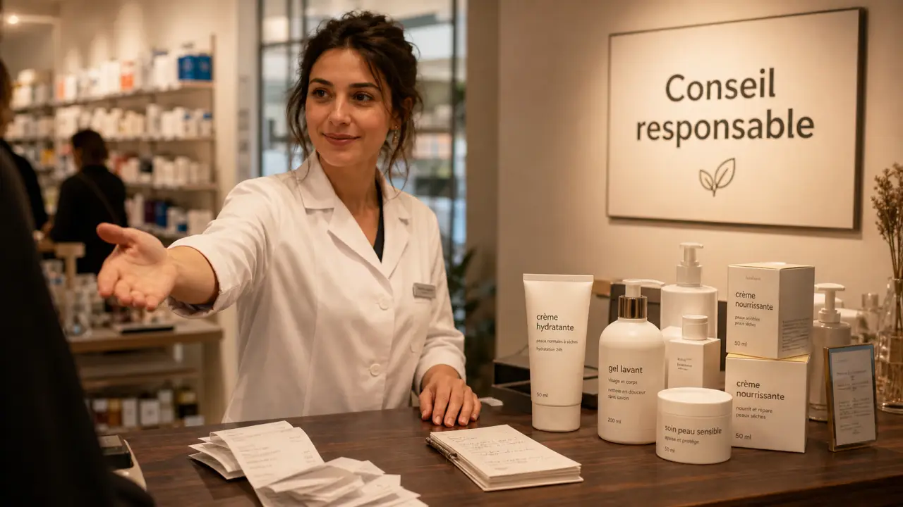Conseillère parapharmacie donnant un conseil responsable en parapharmacie