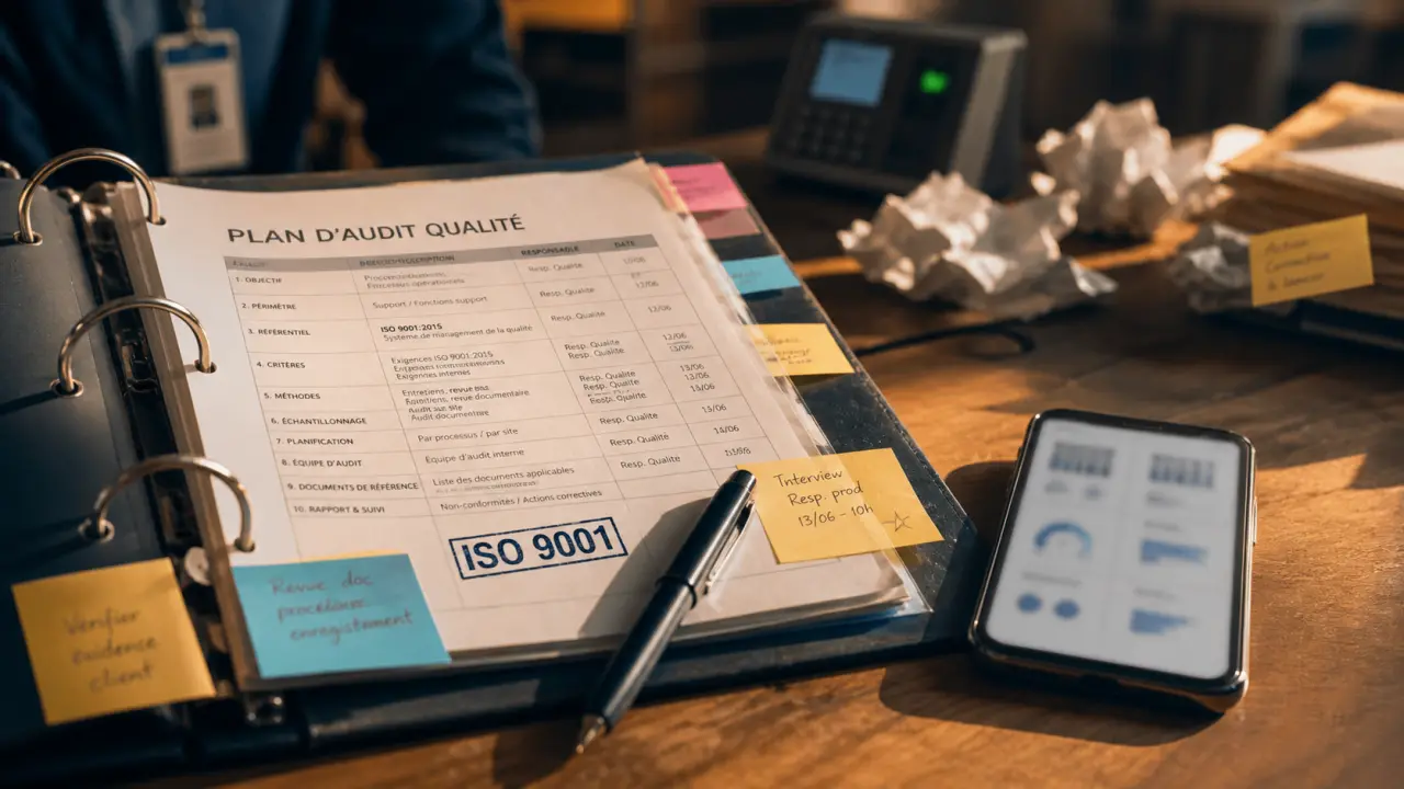 CV responsable qualité : ISO 9001 et indicateurs qualité sur un classeur d’audit