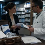 Delegue pharmaceutique échange documents avec pharmacien en pharmacie, conseil & conformité