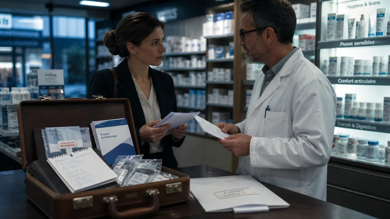 Delegue pharmaceutique échange documents avec pharmacien en pharmacie, conseil & conformité