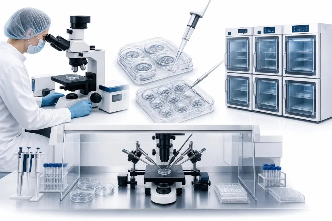 Biologiste fiv dans un laboratoire de FIV observant des embryons au microscope