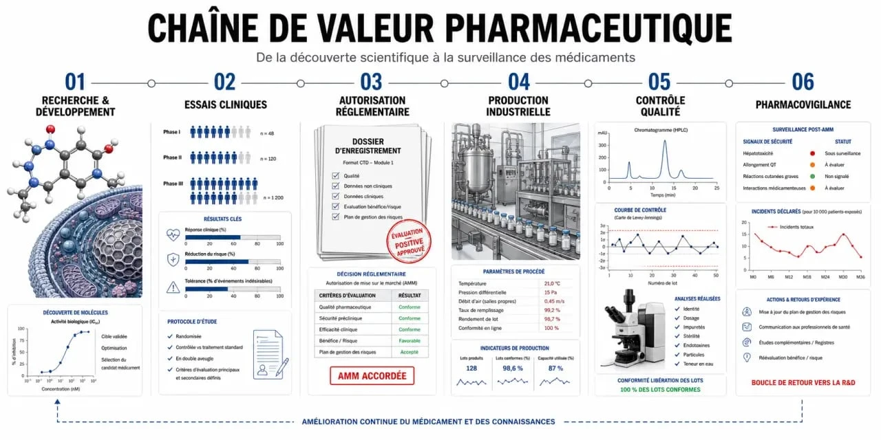 Industrie pharmaceutique : schéma éditorial de la chaîne de valeur du médicament