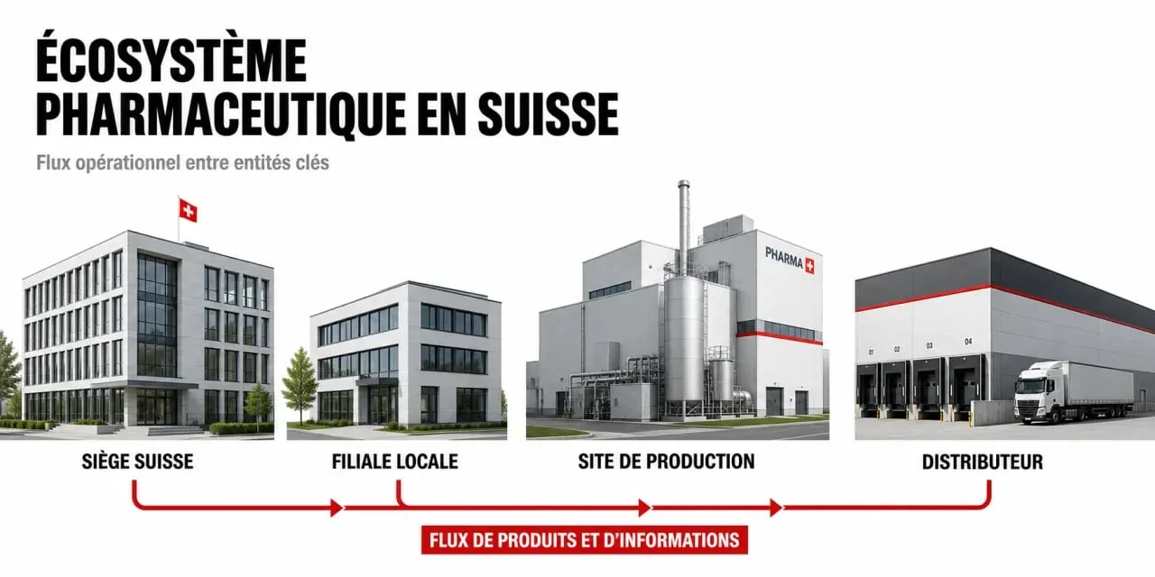 Entreprise pharmaceutique en Suisse : schéma des différences entre siège, filiale et présence commerciale