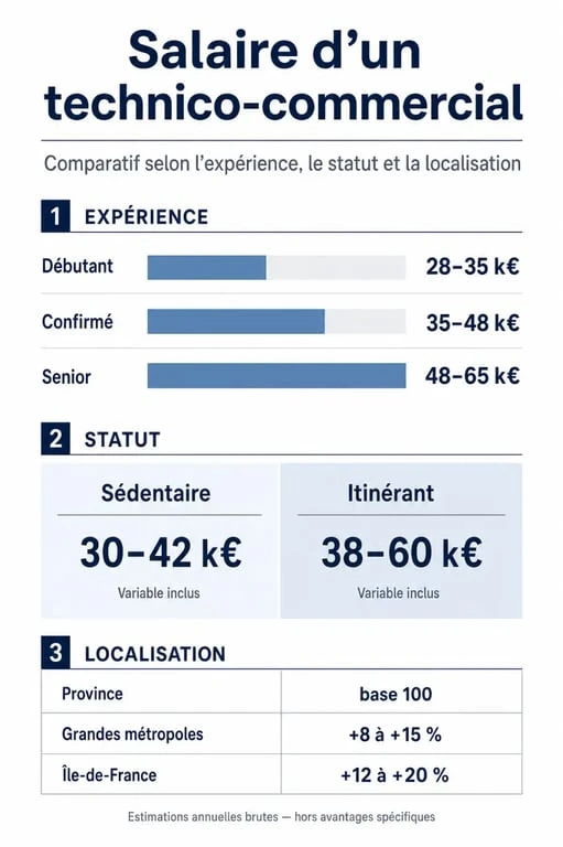 Infographie sur le salaire technico commercial selon l’expérience, le statut et la localisation