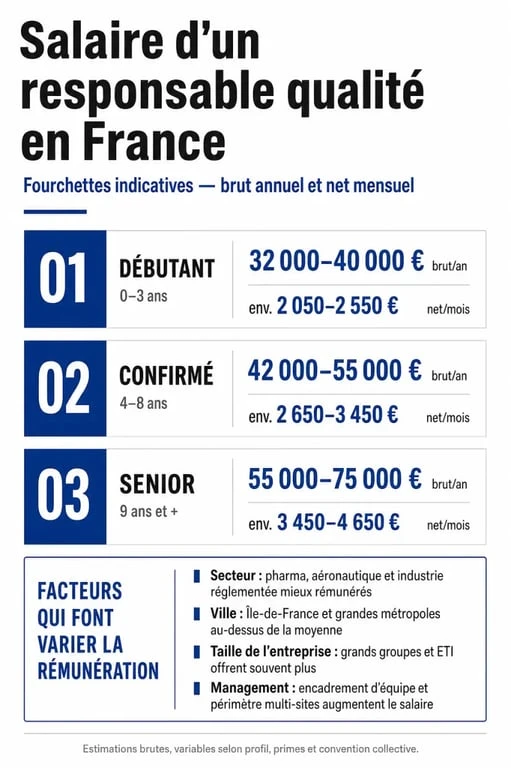 Salaire responsable qualité en France présenté en infographie par niveau d’expérience et facteurs de variation