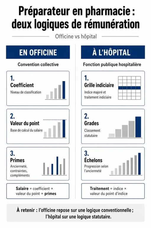 Grille coefficient préparateur en pharmacie : comparatif officine et hôpital