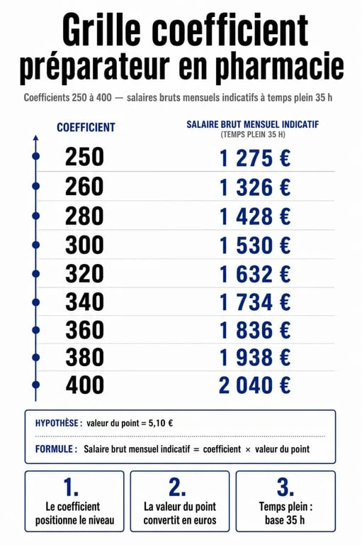 Grille coefficient préparateur en pharmacie : échelle des coefficients et salaires bruts mensuels indicatifs