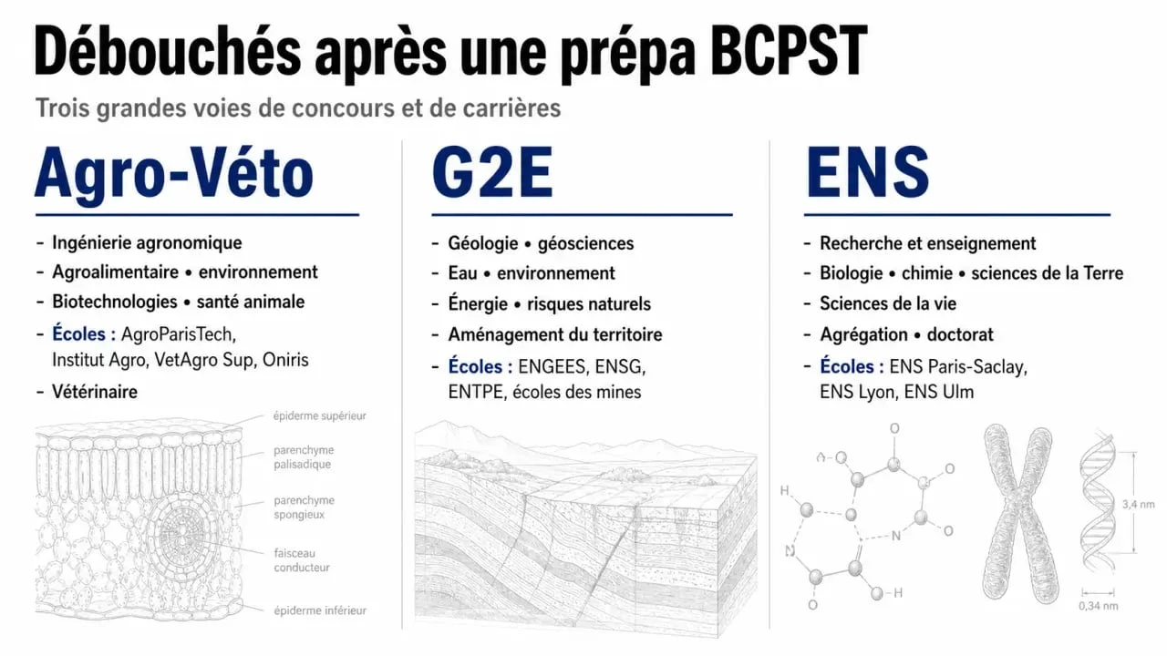 Prépa bcpst débouchés : graphique des principales voies Agro-Véto, G2E et ENS