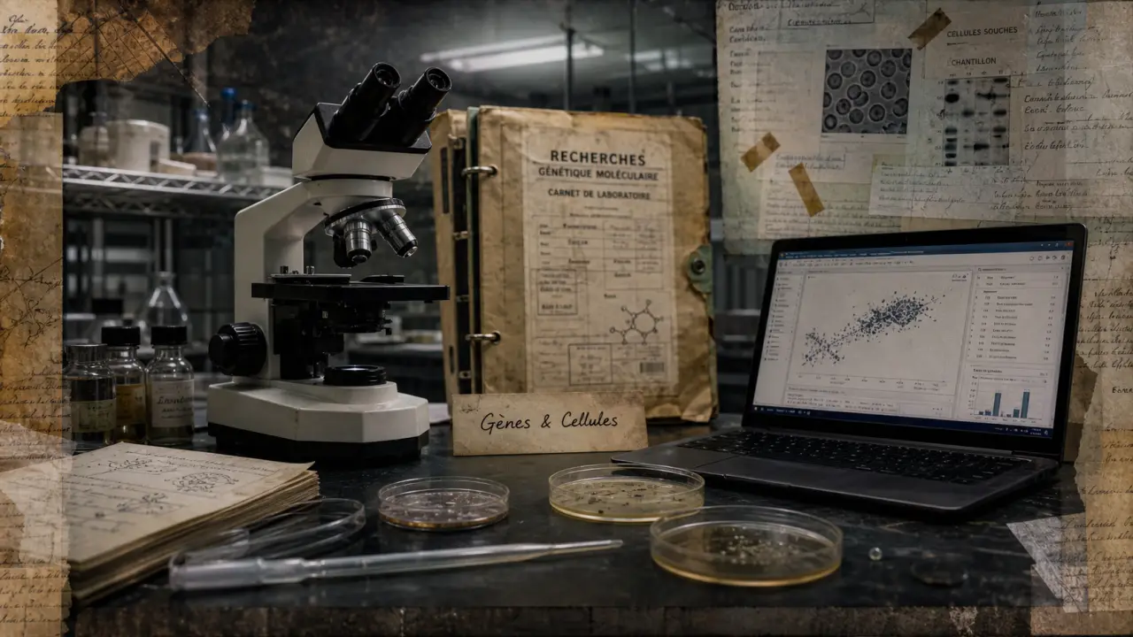 Chercheur biologie au laboratoire : microscope et graphiques de données