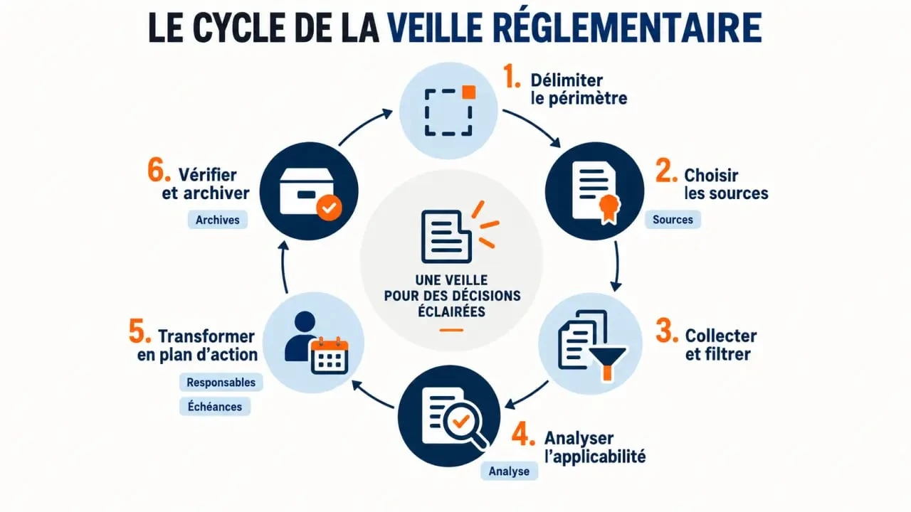 Schéma du cycle en six étapes de la veille réglementaire