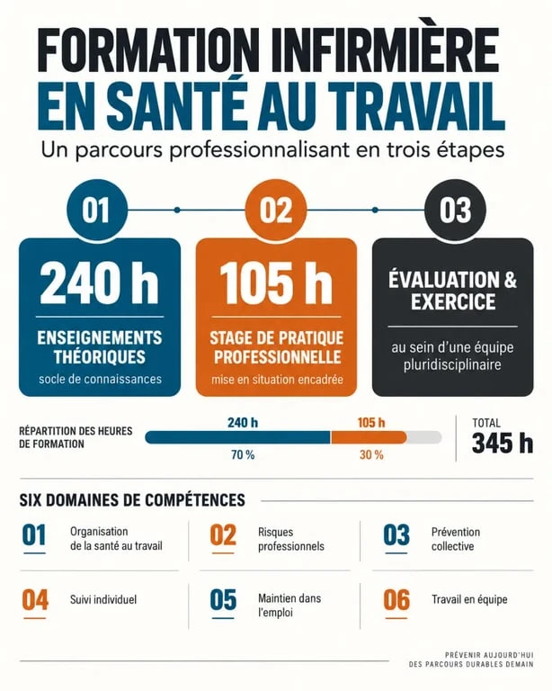 Infographie sur la formation infirmière en santé du travail avec 240 heures, 105 heures de stage et six domaines de compétences