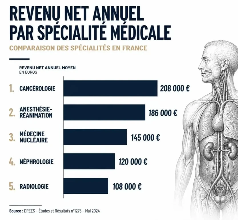 Comparatif des revenus annuels moyens par spécialité médicale en France incluant la médecine nucléaire