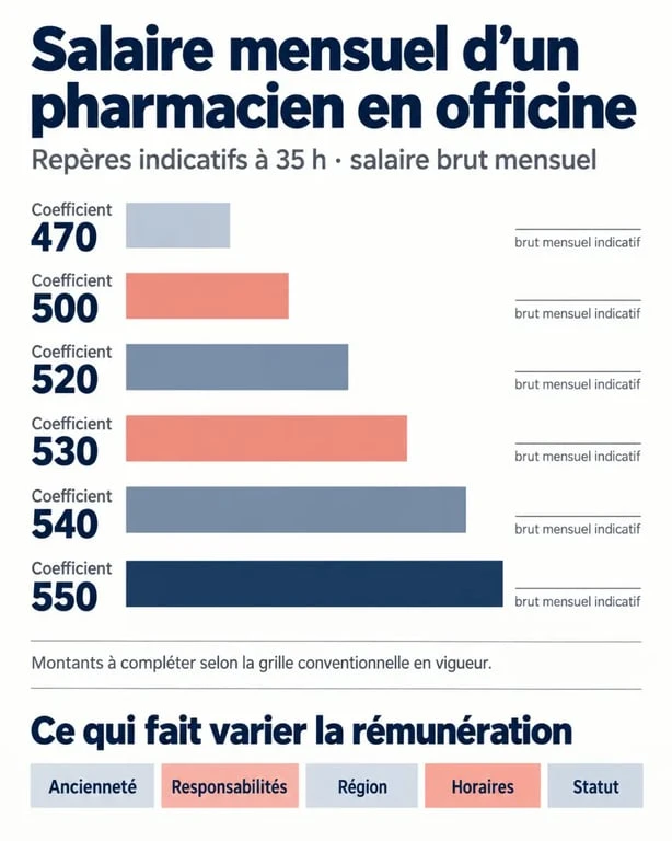 Infographie sur le salaire d'un pharmacien par mois selon le coefficient en officine