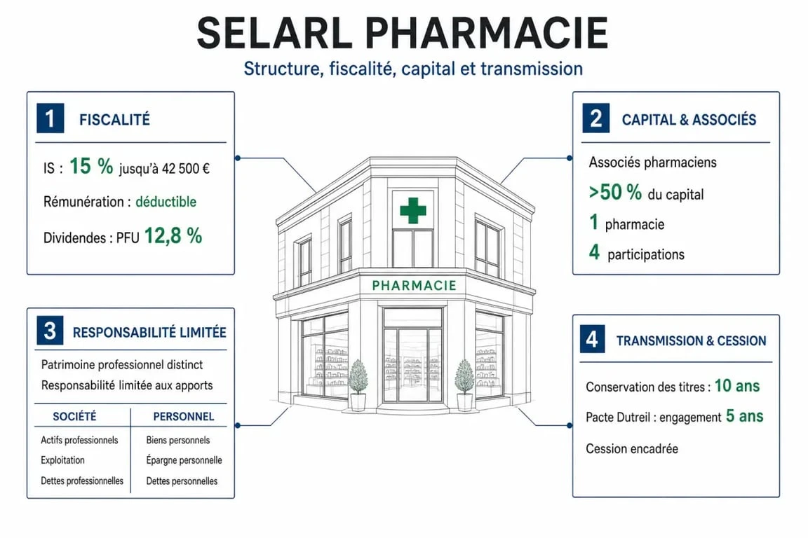 SELARL pharmacie : schéma éditorial des règles de capital, fiscalité et transmission
