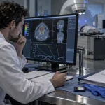 Physicien medical contrôlant les doses en radiothérapie, écrans de planification