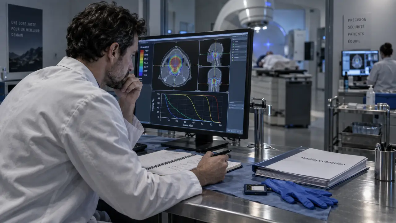 Physicien medical contrôlant les doses en radiothérapie, écrans de planification