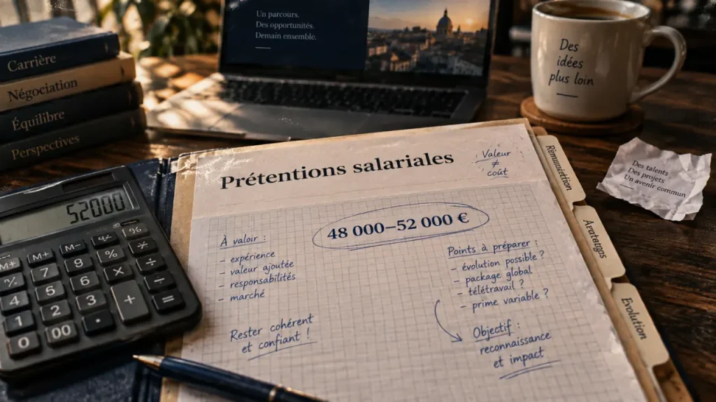 Pretention salariales : fourchette 48 000–52 000 € sur papier au bureau