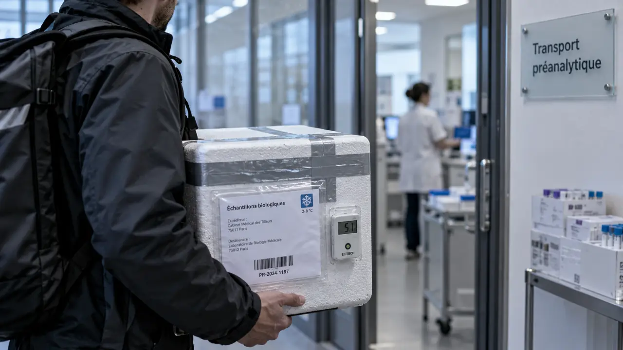 Coursier laboratoire transport préanalytique en caisse isotherme scellée
