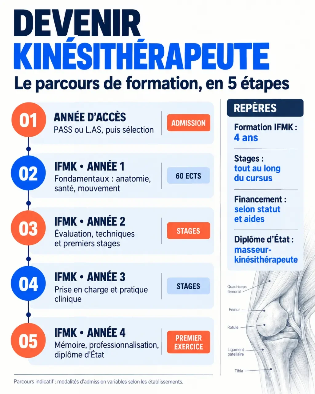 Infographie du parcours d’une formation kinésithérapeute pour adulte, de l’admission à l’exercice professionnel