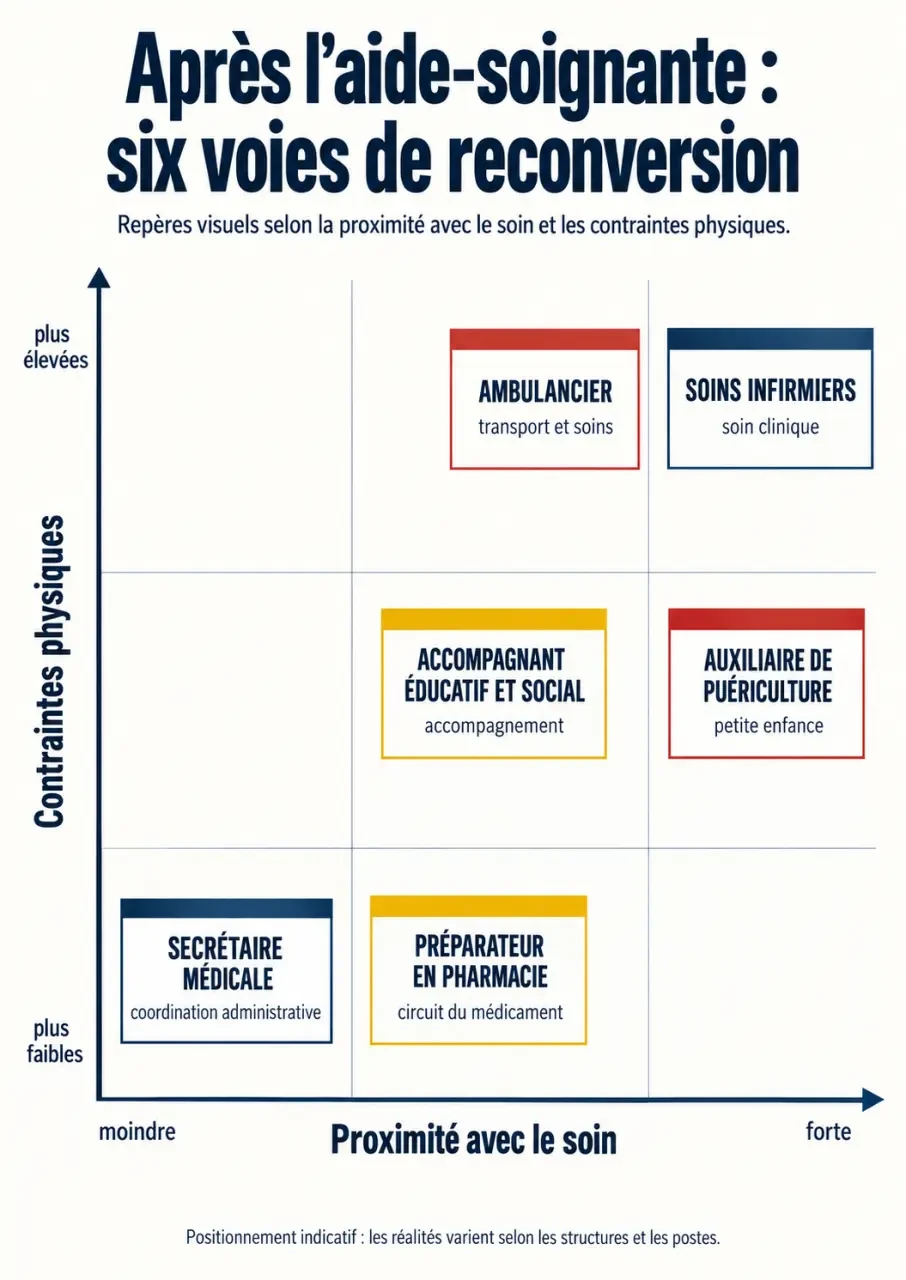 Infographie comparative sur la reconversion aide soignante et les métiers accessibles après le DEAS
