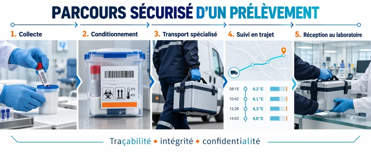 Parcours sécurisé d’un coursier laboratoire entre la collecte d’un prélèvement et sa remise au laboratoire