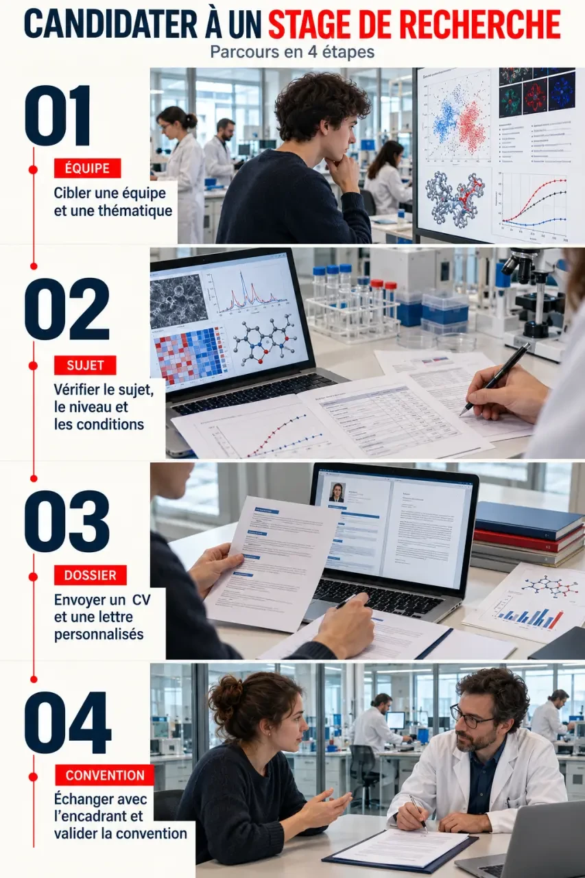 Parcours de candidature pour un stage en laboratoire de recherche, de la sélection de l’équipe à la validation de la convention